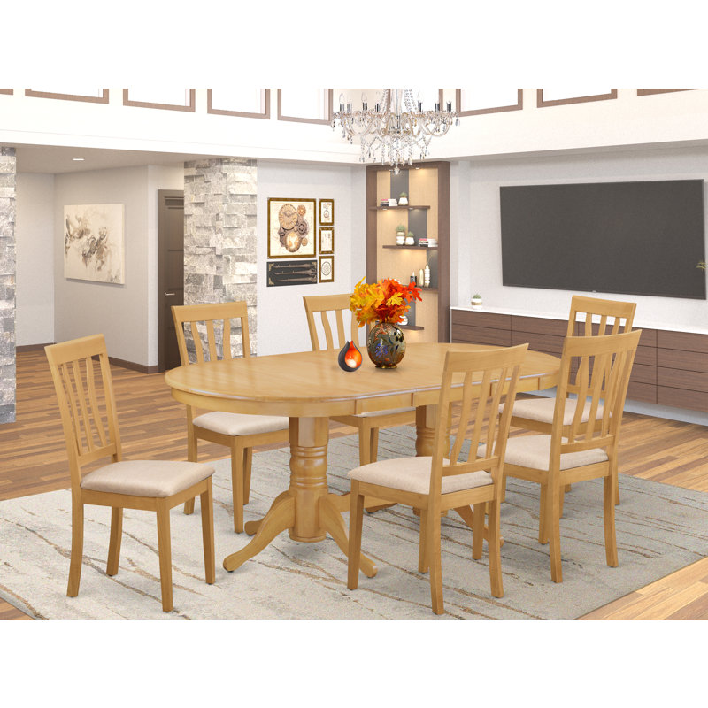 7 Piece Kitchen Table Set Consist of an Oval Dining Table with Butterfly Leaf and 6 Linen Fabric Dining Chairs, Oak