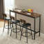 Ensemble de table de bar et chaises pour 3, ensemble de table de salle à manger industriel 4 pièces avec 3 tabourets de bar rembourrés en polyuréthane, ensemble de table de bar pour cuisine, salle à manger, salon, bar, café, coin petit espace, brun rustique
