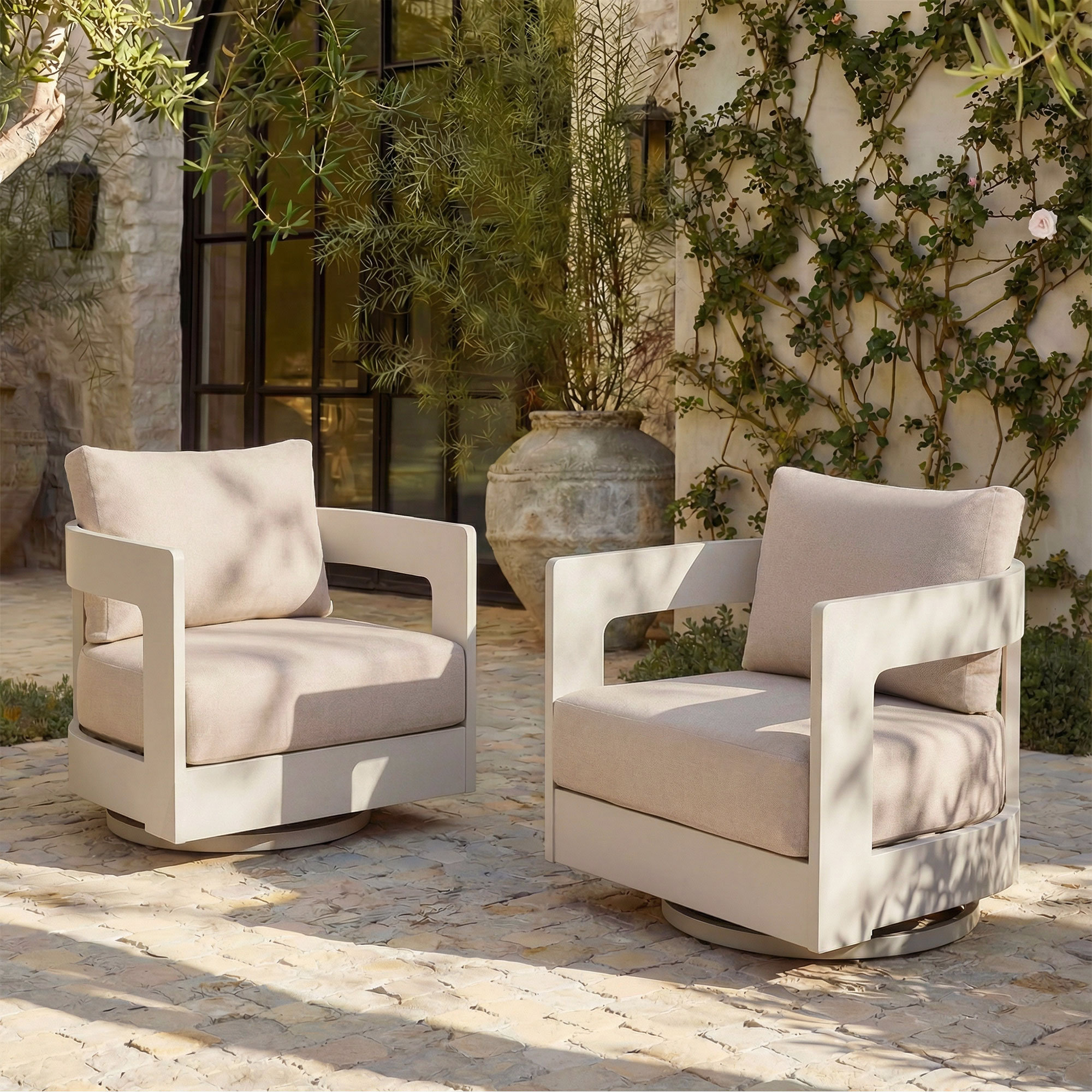 Frances Aluminum Outdoor Swivel Chairs with Sunbrella Cushions (Set of 2), Beige Cushion/White Frame