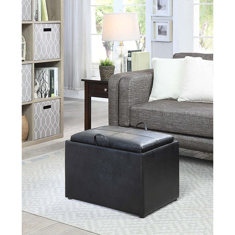 Saribel 22.75" Wide Faux Leather Rectangle Ottoman with Reversible Tray, Black Faux Leather