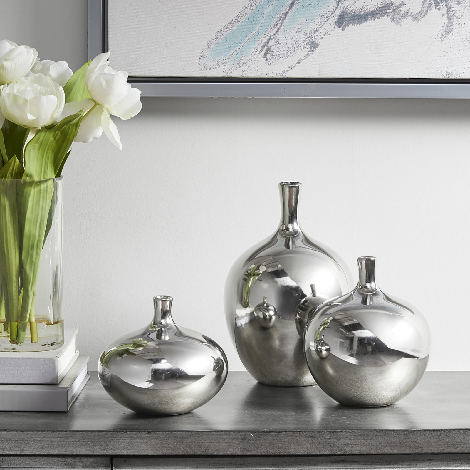 Ansen Mirrored Ceramic Decorative Vases 3-piece set, Silver