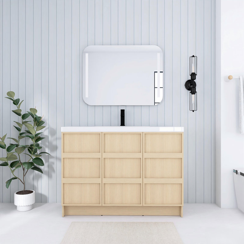 Meuble-lavabo autoportant 48 po avec lavabo en résine et portes à fermeture en douceur, chêne Dune, 47"