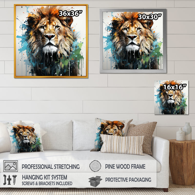 Décoration murale monarque brune et verte - Lion, Cadre photo noir, H 16 po x l 16 po x P 1 po