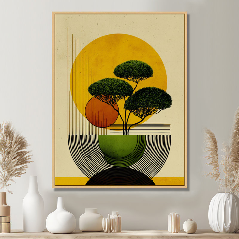 «Bonsai», impression sur toile, vert et jaune, H 32 po x l 24 po, Cadre flottant, Noir