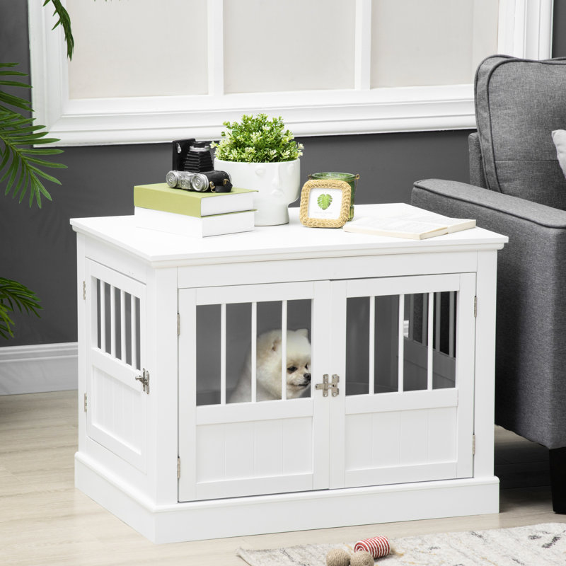 Table de bout pour chien, blanc. Pour les petits chiens, possède un grand espace de table, trois portes, une partie à verrouillage magnétique, des tubes en acier pour cage, une surface de table spacieuse, une pièce de joint, un tube