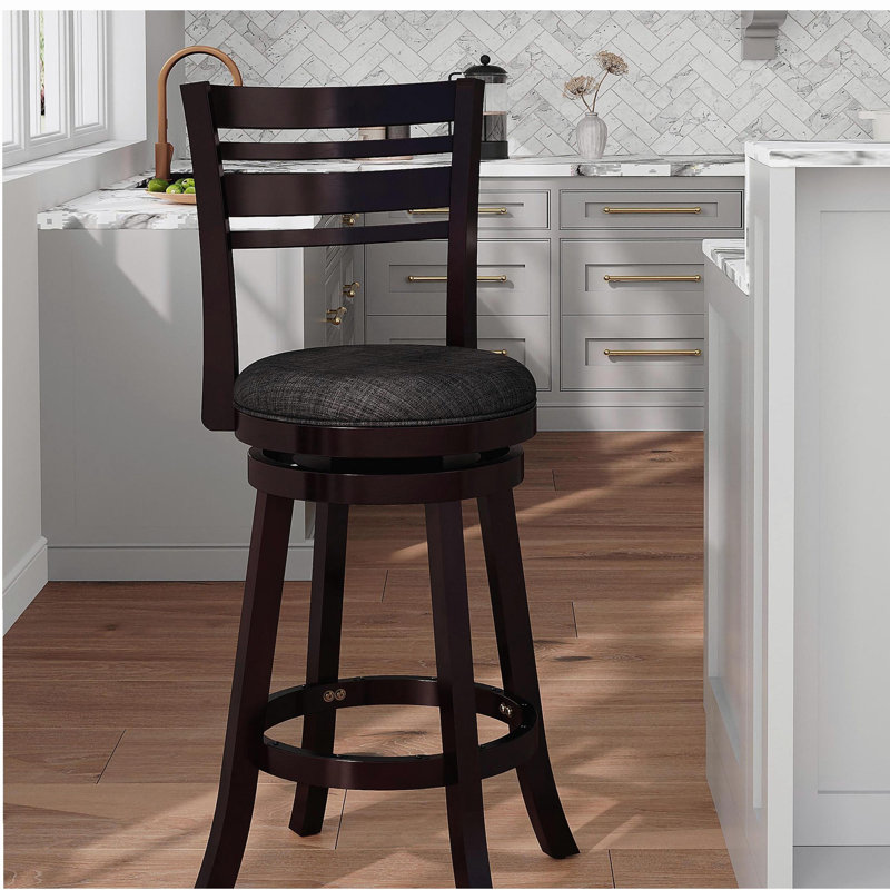Tabouret pivotant à dossier en lattes, finition espresso, siège en tissu gris anthracite, Espresso