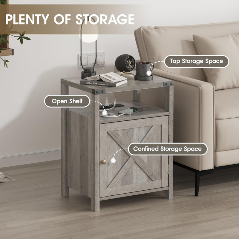 Gray Farmhouse Nightstands with Charging Station and Storage Cabinet, Set of 2