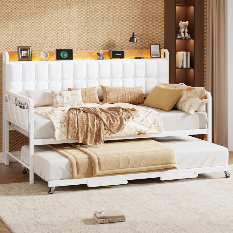 Twin Daybed with Trundle with Light & Charging Station, Upholstered Sofa Bed with Storage Headboard and Heavy Duty Metal Slats, for Living Room, Bedroom, Guest Room, White