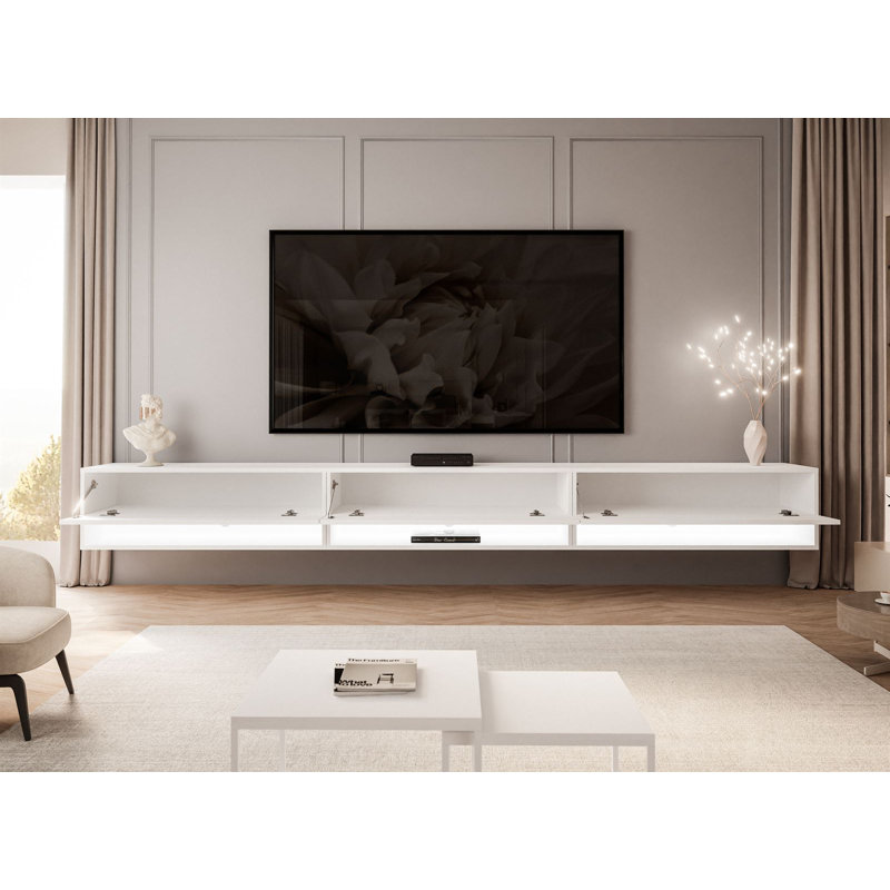 Floating Calante TV Lowboard with LED Light, High-Gloss White