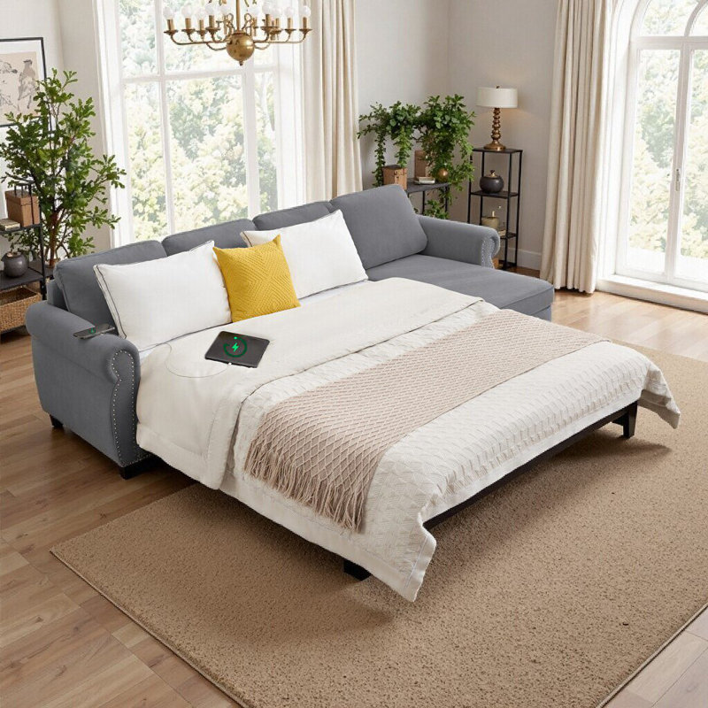 Canapé-lit d'angle UNARAVU 106,5 po avec chargeur, rangement et matelas en mousse mémoire, Gris foncé