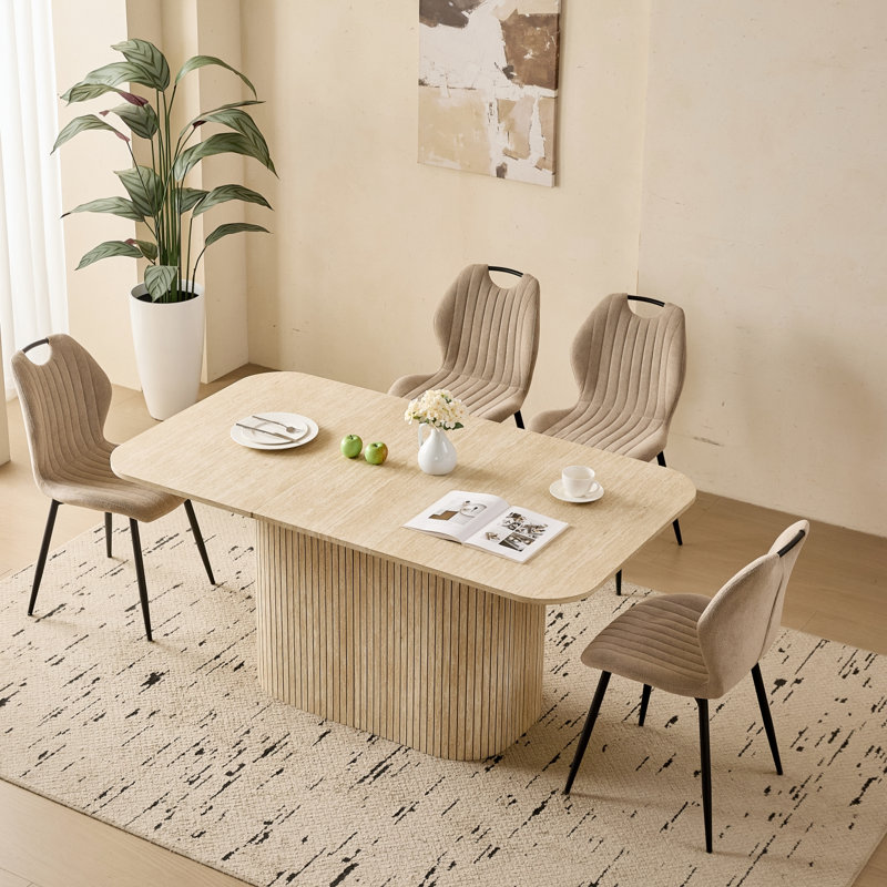 Ensemble de salle à manger 5 pièces pour 4 personnes, table de 160 cm avec 4 chaises en tissu kaki à poignées intégrées, idéal pour la cuisine, le salon ou la maison.