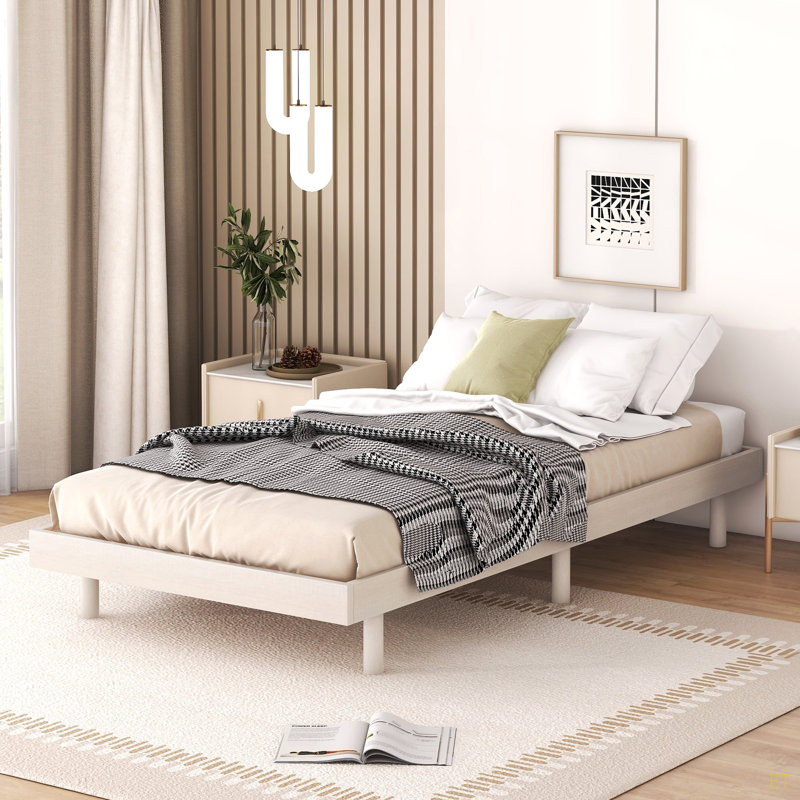 Modern Design Twin Size Floating Platform Bed Frame, White Washed, Twin