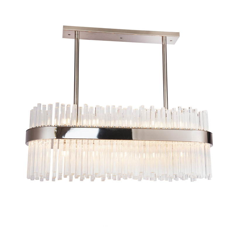 Lustre transitionnel 8 lumières chrome avec tiges de verre, Nickel brillant