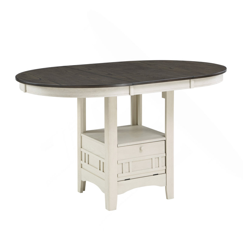 Table de salle à manger à hauteur de comptoir avec rallonge et base de rangement 1 blanc antique et brun Rosy, Gris / Blanc