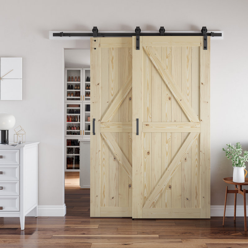 Panelled Solid Wood Unfinished Sliding Bypass Barn Door Double Doors with Hardware Kit, 51" x 84"