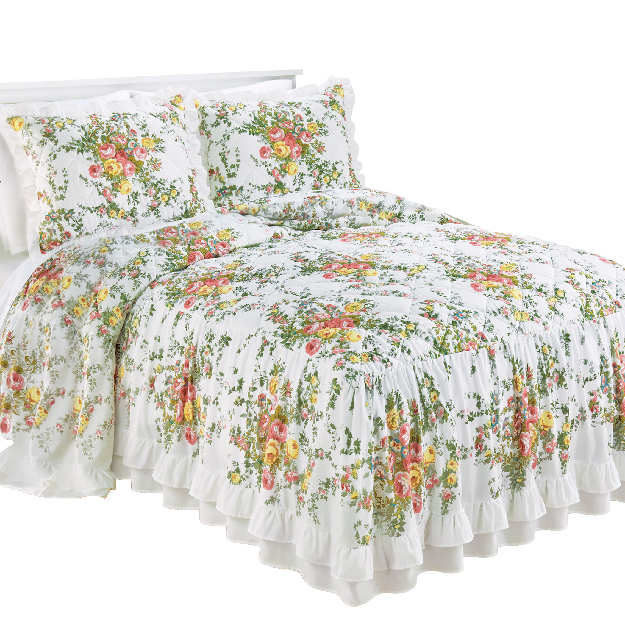 Winston Brands Floral Design Tiered Ruffled Border Quilt Top Bedspread