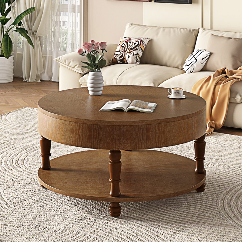Round Coffee Table With Storage, Walnut Brown