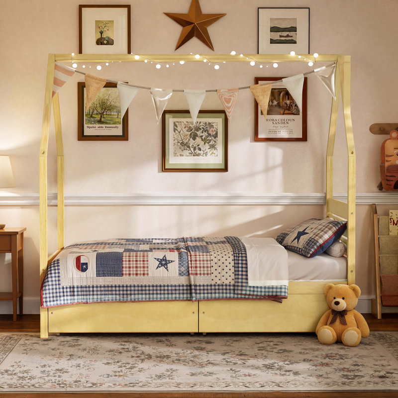 Lit avec 2 tiroirs de rangement Montessori, Twin, Natural