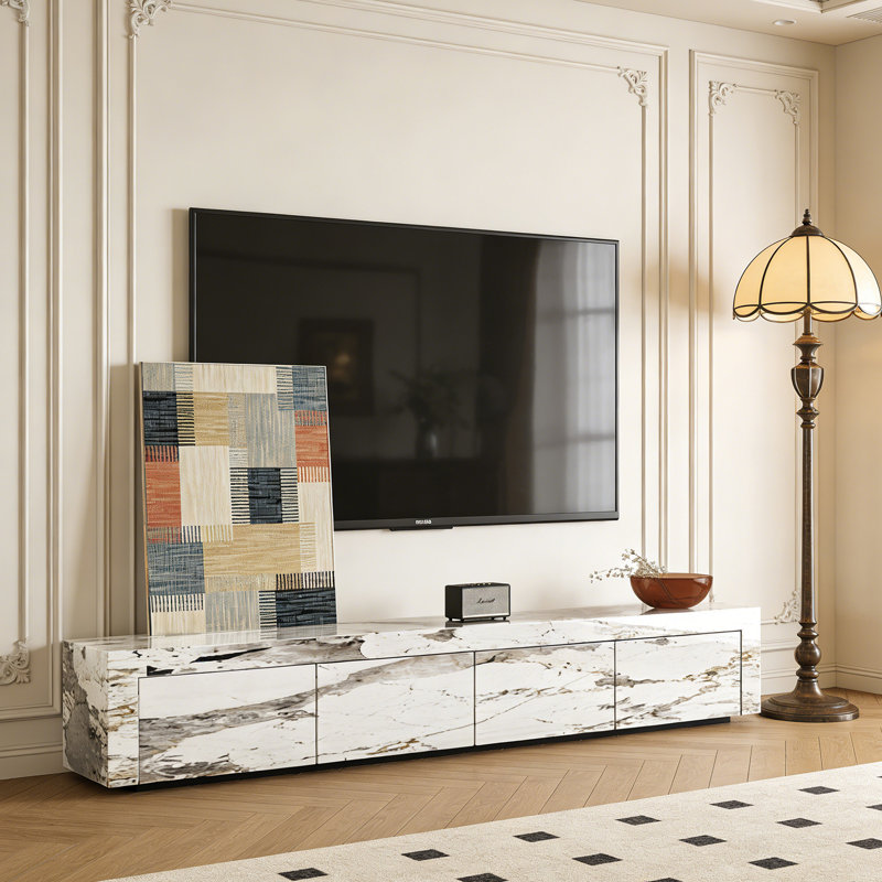 Meuble télé Minimalisme, H 13,77 po x L 78,74 po x l 15,74 po, Blanc / Gris