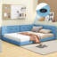 Lit plateforme tapissier bleu avec ports USB, tissu en lin moderne, aucun sommier tapissier requis