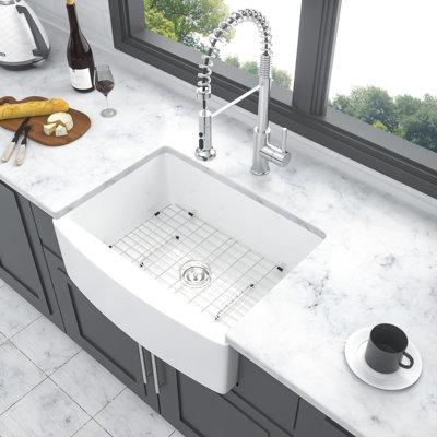 White Ceramic Apron Front Sink 24 Inch - Kitchen Arch Edge Single Bowl Quality For An Elegant Ambiance