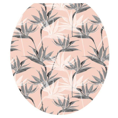 Modern Pink Gray Floral Toilet Seat Decal – Toilet Tattoos Static Cling Vinyl Lid Cover Fits Round & Elongated Seats