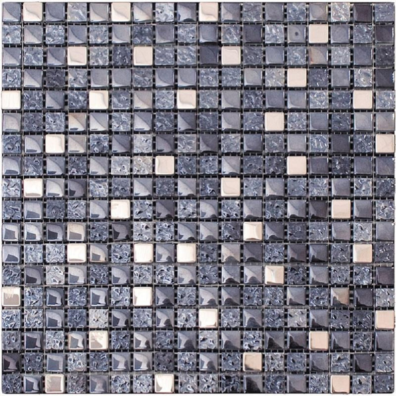 Elaina Grid Glossy Tile, Blue/Silver