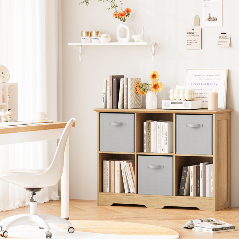 Bibliothèque de 6 cubes de 37 po de largeur avec 3 bacs pliables en tissu, Naturel