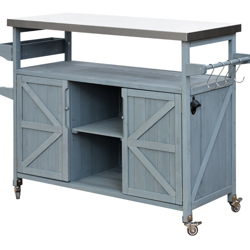 Outdoor Kitchen Table With Towel Rack & Magnetic Door Grill Stainless Steel Top: Solid Wood. Internal Storage . 4 Lockable Wheels. Grey Blue. Paper Holder
