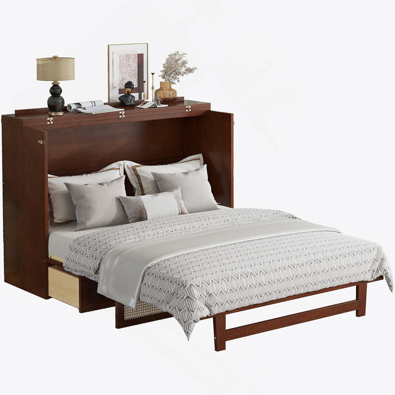 Lit escamotable Revolutionary avec décoration en rotin et tiroir de rangement, alliant fonctionnalité et style pour une utilisation optimale de l'espace