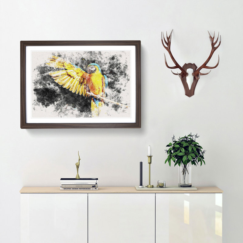 Yellow Macaw Parrot Watercolour - Framed Print, 33cm H x 45cm W x 2cm D, Walnut