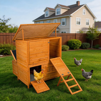 Wooden Chicken Coop for 6-8 Hens, 3 Nesting Boxes with Quiet Asphalt Roof & Pull-Out Trays, Outdoor Garden Coop