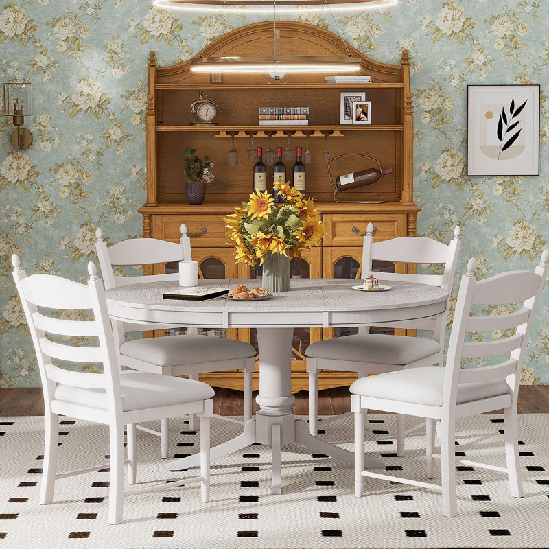 Ensemble de table de salle à manger extensible 5 pièces et 4 chaises rembourrées, Blanc antique