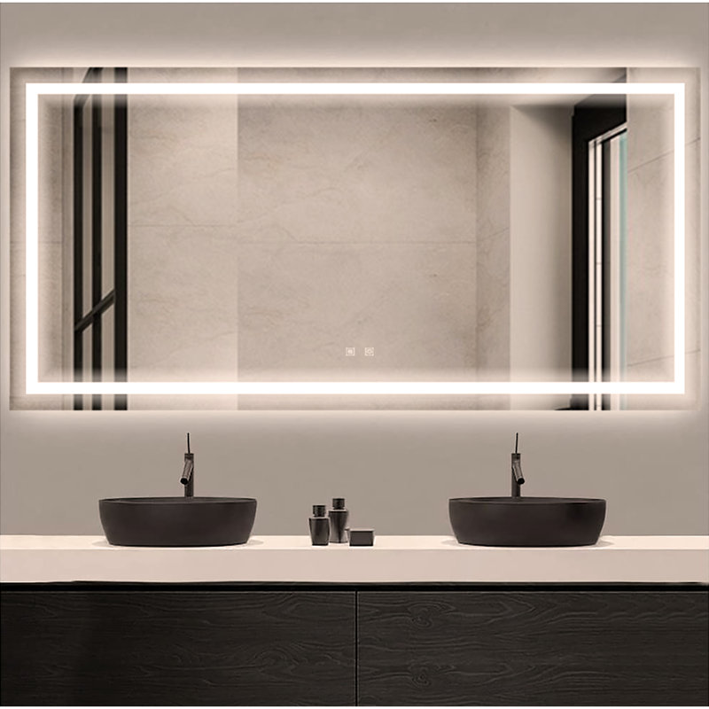 Miroir de salle de bain rectangulaire sans cadre à DEL avec capteur tactile, antibuée et 3 options de couleur en argent