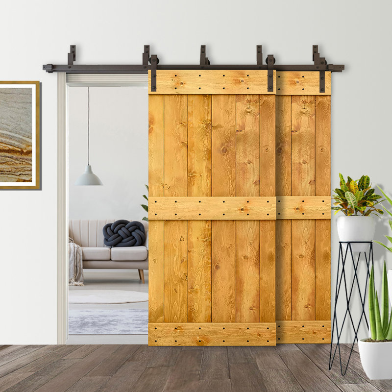 Porte de grange double à panneaux en bois teinté à panneau Mid-Bar, 40 po x 84 po, Érable colonial