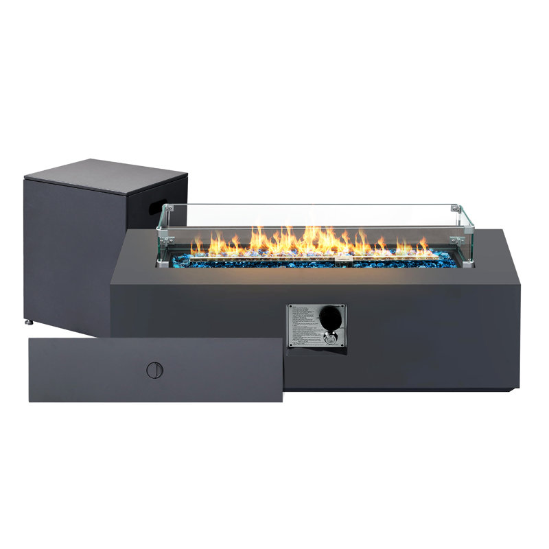  42-Inch Rectangle Iron Gas Fire Pit Table，Includes Tank Cover and Wind Guard, 12.99" H x 42.13" W x 17.32" D, Dark Gray