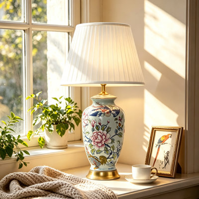 Lampe de table en céramique peinte à la main de 79 cm (31 po) avec motif floral et d'oiseaux traditionnel, lampe de chevet vintage en porcelaine pour salon, chambre à coucher, entrée (ampoule non incluse)