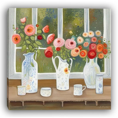 Joyeux pichets et pétales - Art floral de fenêtre fantaisiste