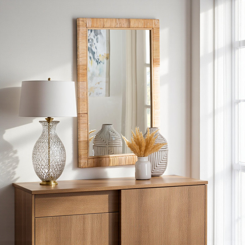 Miroir d'appoint mural en rotin naturel de style bohémien Clark, 32,05 po x 21,54 po