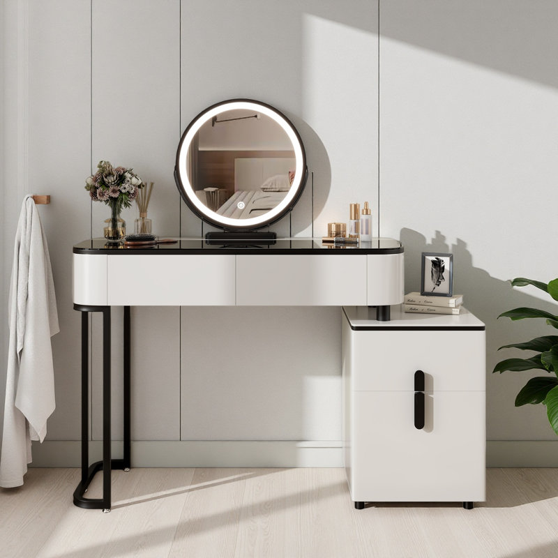 Modern Vanity Table With Tempered Glass Top, Adjustable Height Legs