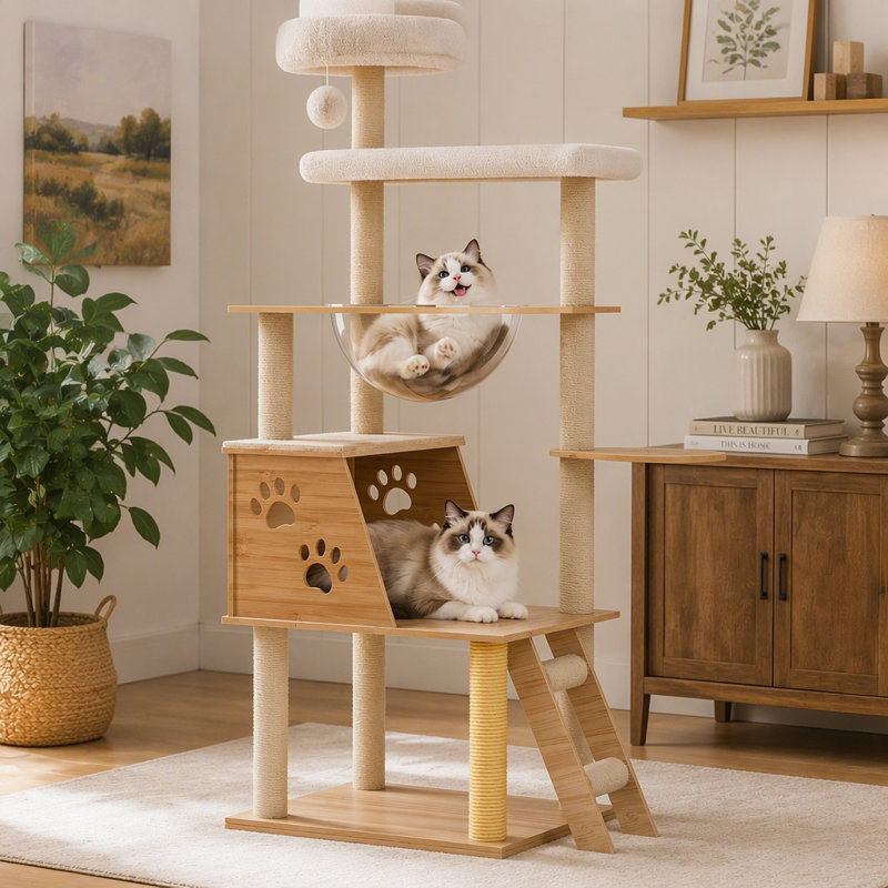 Tour pour arbre à chat de 53,5 po, maisonnette pour chat à plusieurs niveaux avec perchoir transparent, poteaux à griffer en sisal et échelle d'escalade, maisonnette d'intérieur pour chat pour chatons adultes