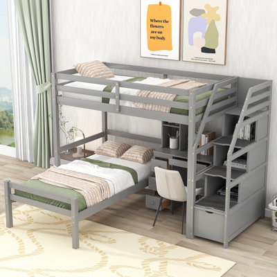  Lit mezzanine simple avec lit inférieur autonome, rangement pour escalier, bureau et tablettes de présentation, gris