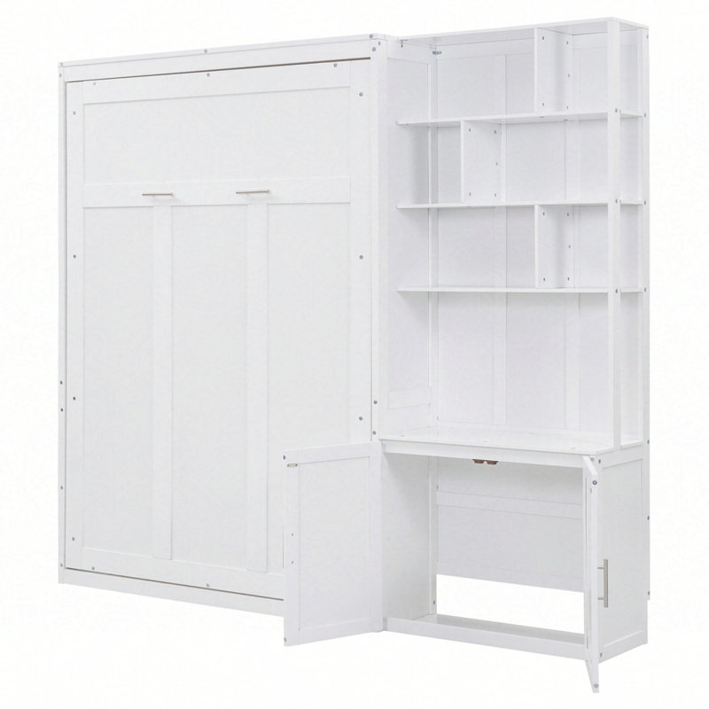 Lit escamotable double avec plusieurs tablettes de rangement et une armoire