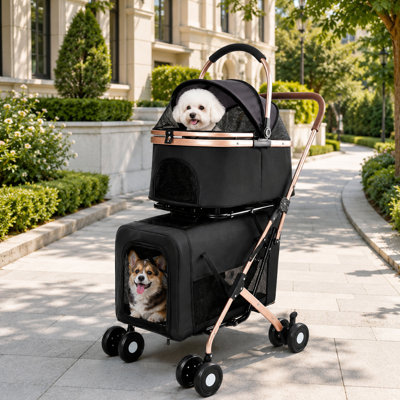 Double Pet Stroller for Small & Medium Dogs and Cats, 3-in-1 Foldable Carrier with Detachable Baskets