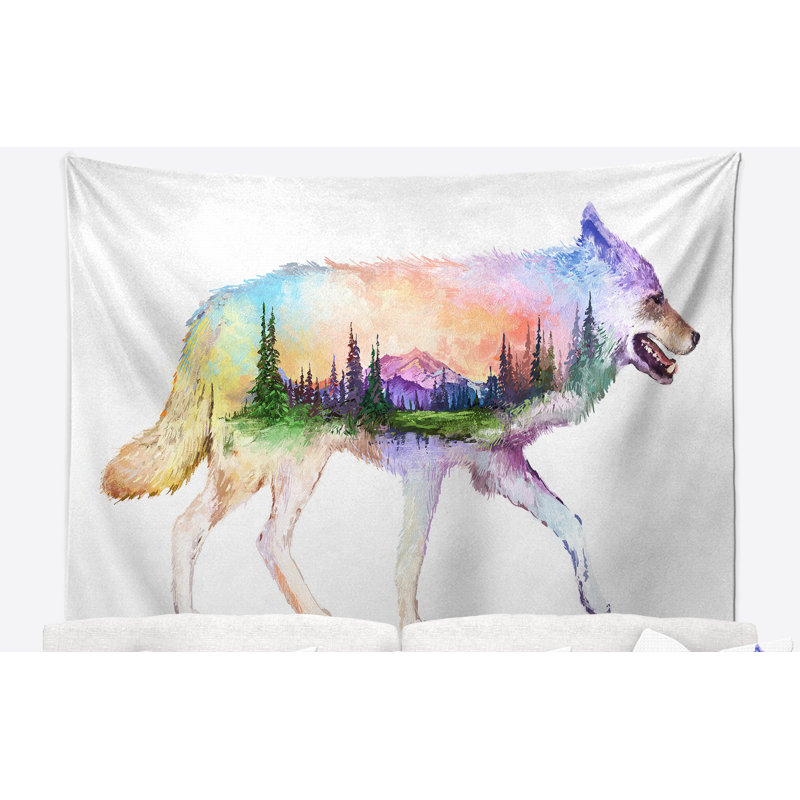 Tapisserie d’exposition à double exposition en polyester animal loup avec accessoires suspendus inclus, H 50 po x l 60 po