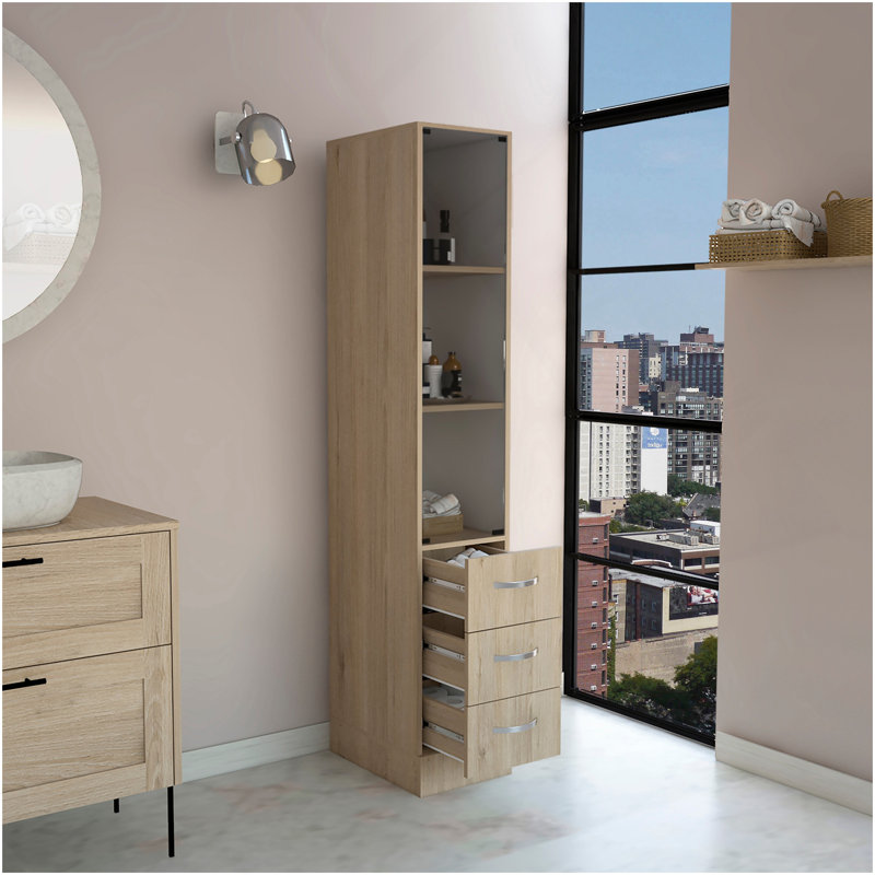 Armoire à linge, trois tablettes, quatre tiroirs, pin clair / blanc, Multi-couleur