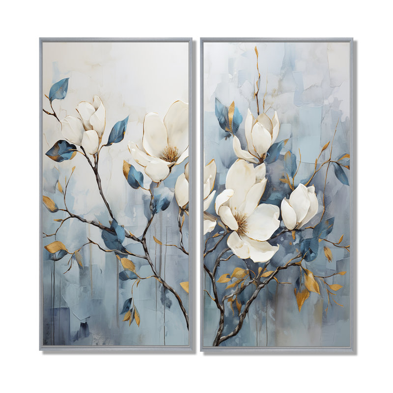 Élégante tranquillité de magnolia blanc et bleu - Décoration murale blanche, H 20 po x l 24 po, Silver