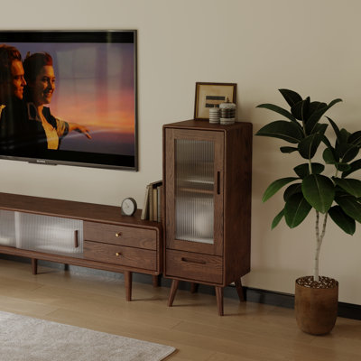 39"H Solid Oak Mid-Century Modern Accent Cabinets with 2 Drawers, Fluted Glass Door