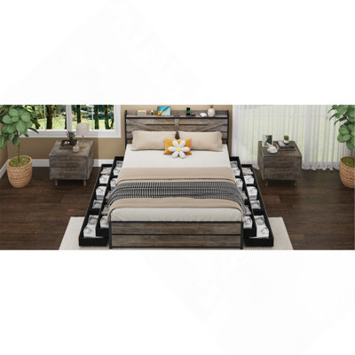 Lit plateforme en métal Queen Size avec tête de lit de rangement et 12 tiroirs, sommier à lattes en acier robuste, silencieux
