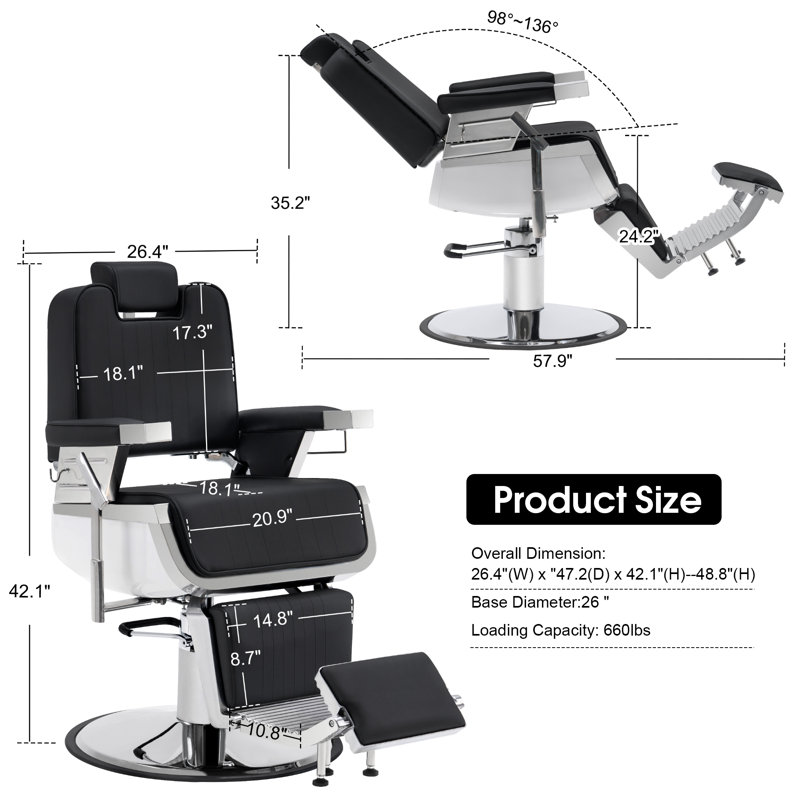 26.7" Width Heavy Duty Reclining Barber Chair, Adjustable Swivel Salon Chair, Faux Leather, White